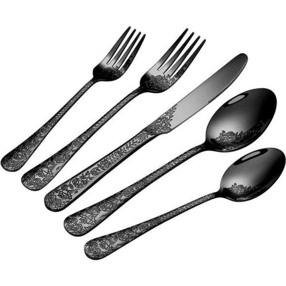 Floral 20 Pcs Black Silverware Set for 4, Food Grade Stainless Steel Flatware